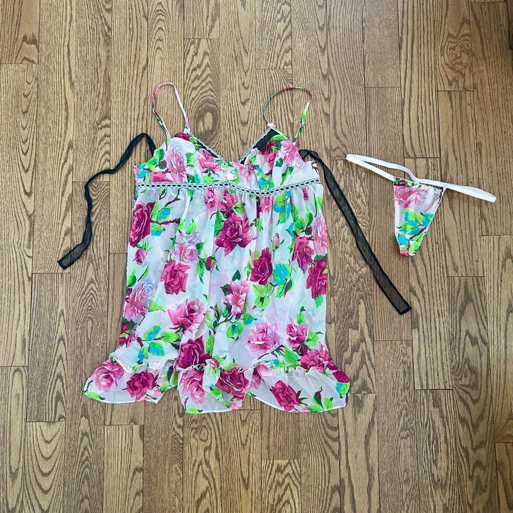 Betsey Johnson Pink Floral Babydoll Set